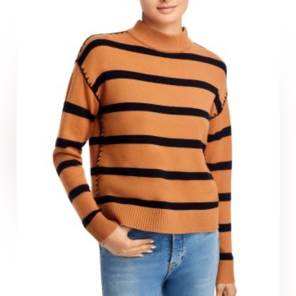 T Tahari Mock Neck Striped Sweater Camel Black Whipstitch Trim NWT Size M